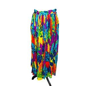 TARA Colorful Pleated Boho Maxi Skirt 100% Cotton Tropical Print Crinkle Texture